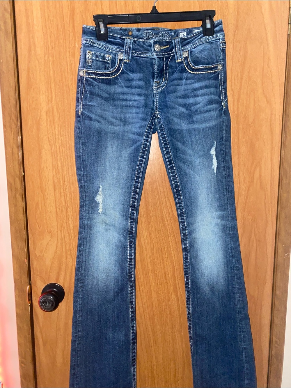 Miss Me Flare Jeans in Medium Blue Distressed Wash